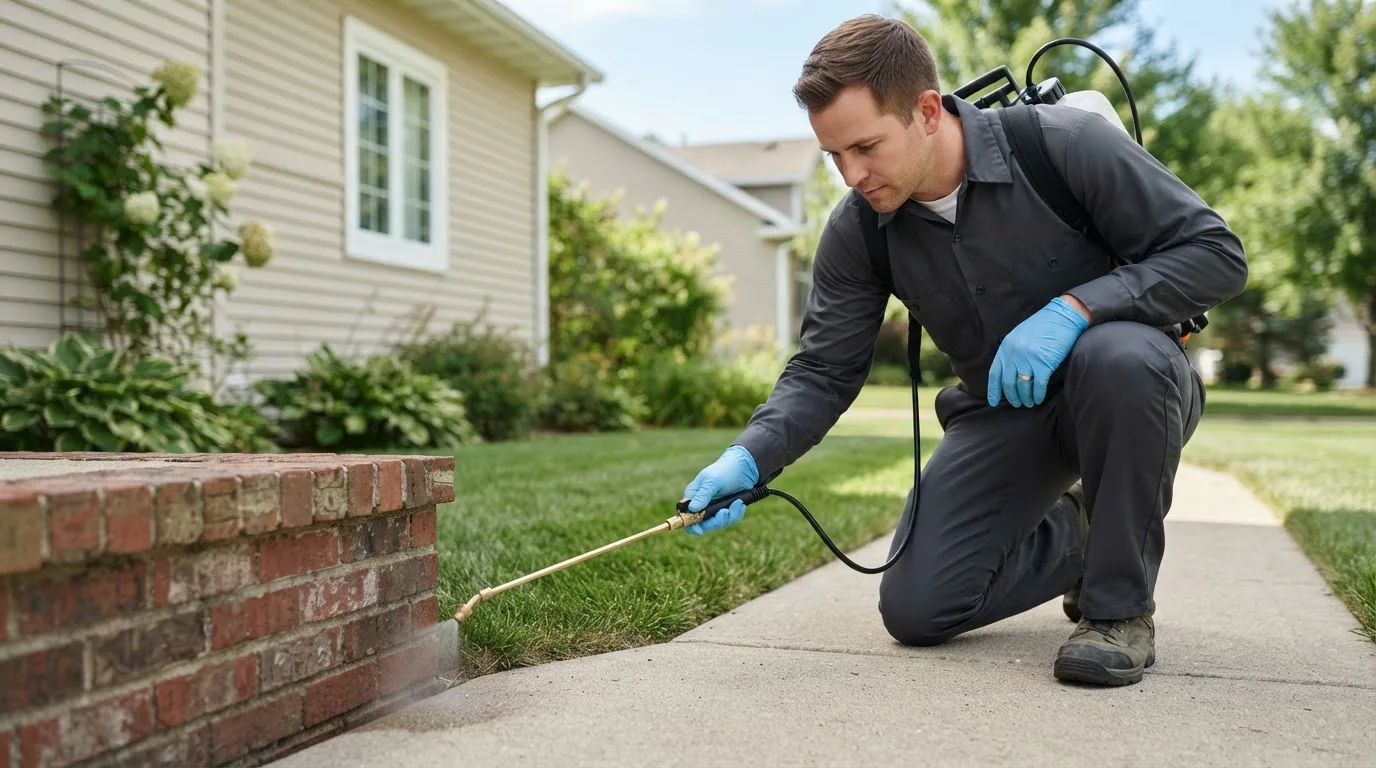 Pest control technician treating a home near Floral Park, NY