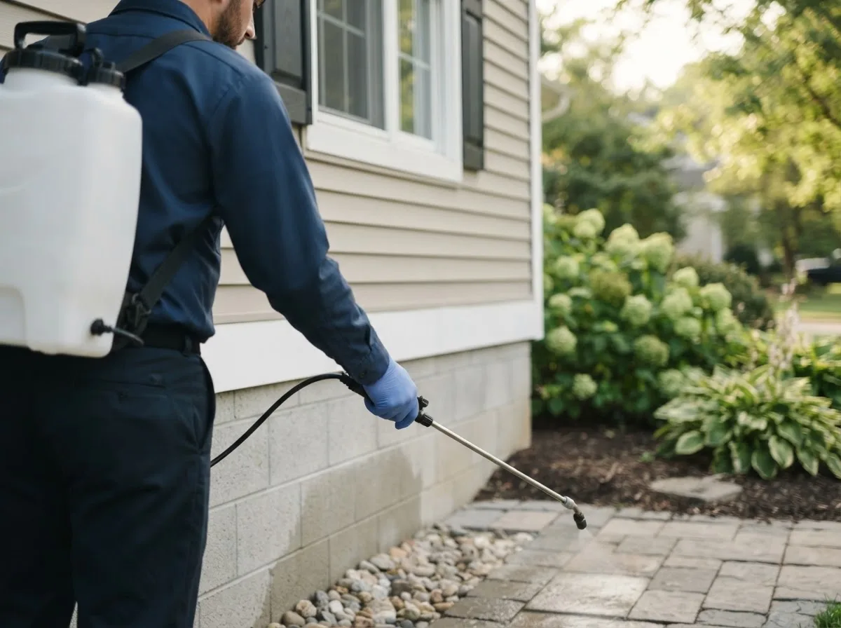 Pest control technician inspecting a home in Floral Park, NY